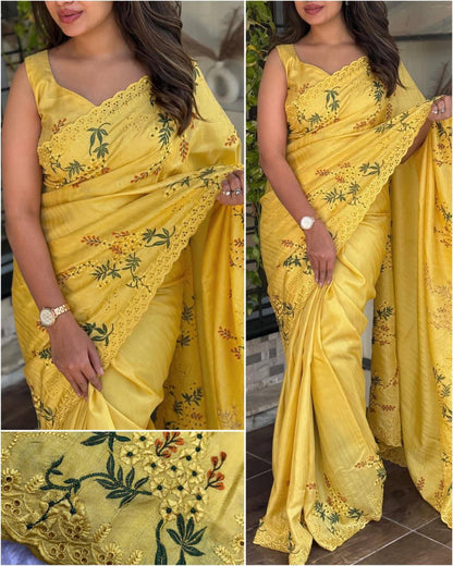 Premium Tusser Cotton Saree – Multi‑Thread Embroidery