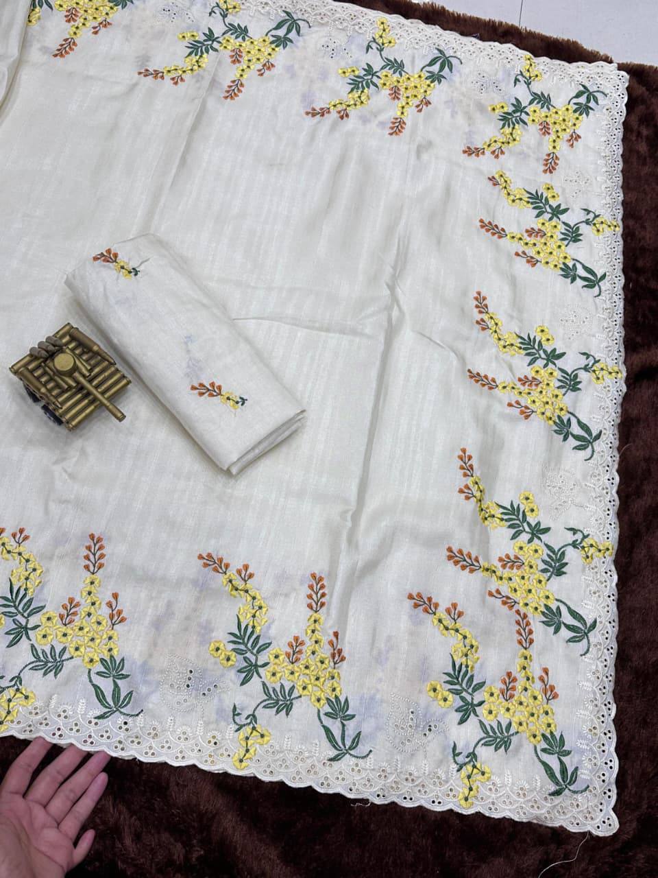 Premium Tusser Cotton Saree – Multi‑Thread Embroidery