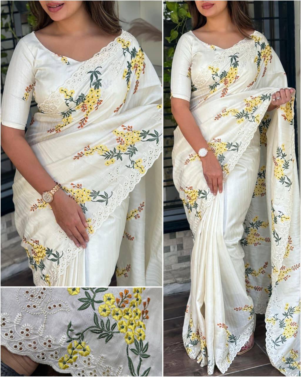 Premium Tusser Cotton Saree – Multi‑Thread Embroidery