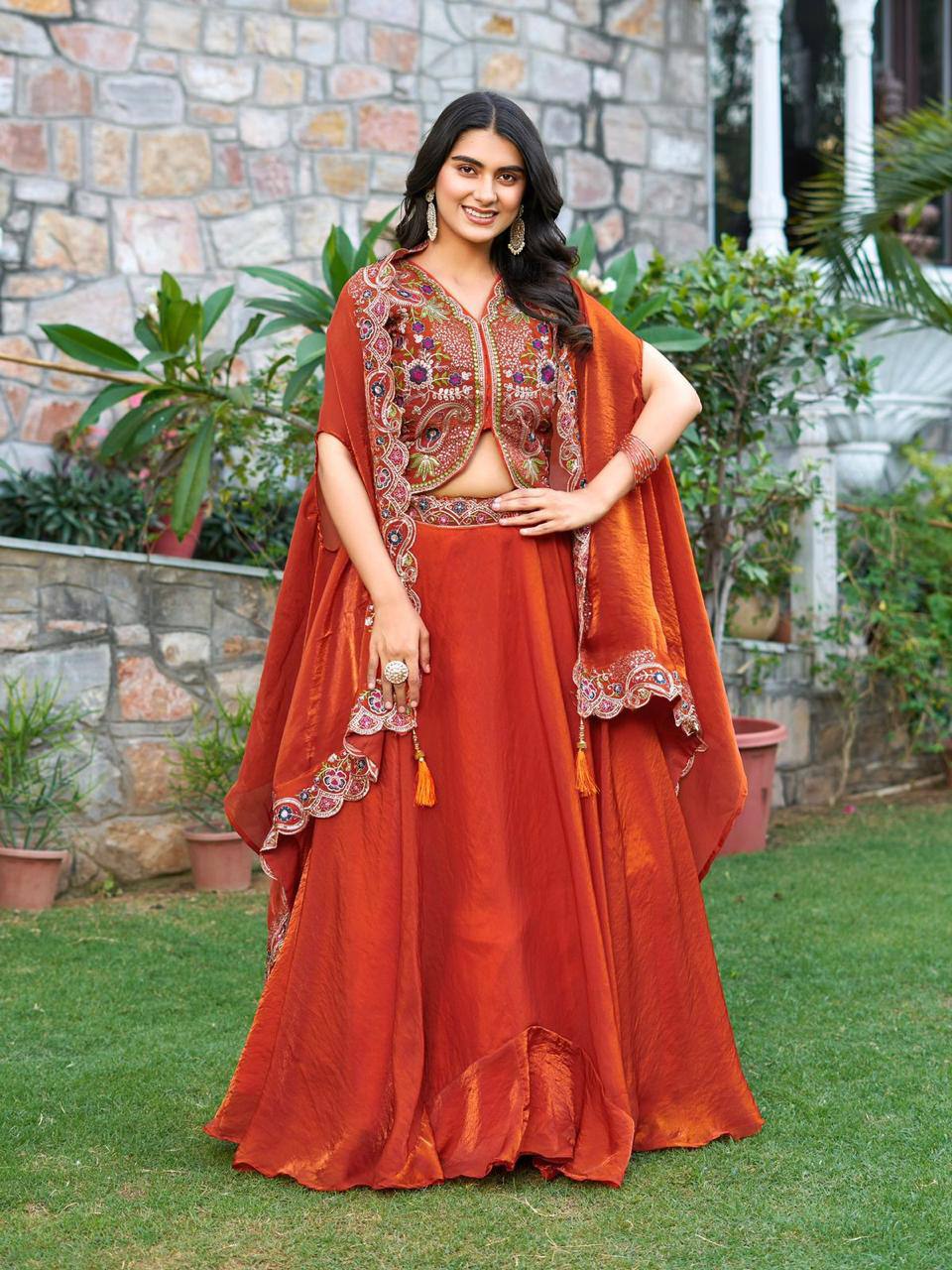 Premium Fendy Silk Lehenga‑Choli‑Dupatta Set with a 9‑meter flair lehenga and a shrug‑style dupatta