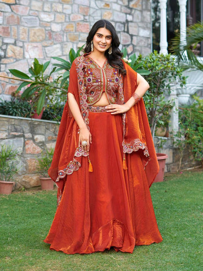 Premium Fendy Silk Lehenga‑Choli‑Dupatta Set with a 9‑meter flair lehenga and a shrug‑style dupatta
