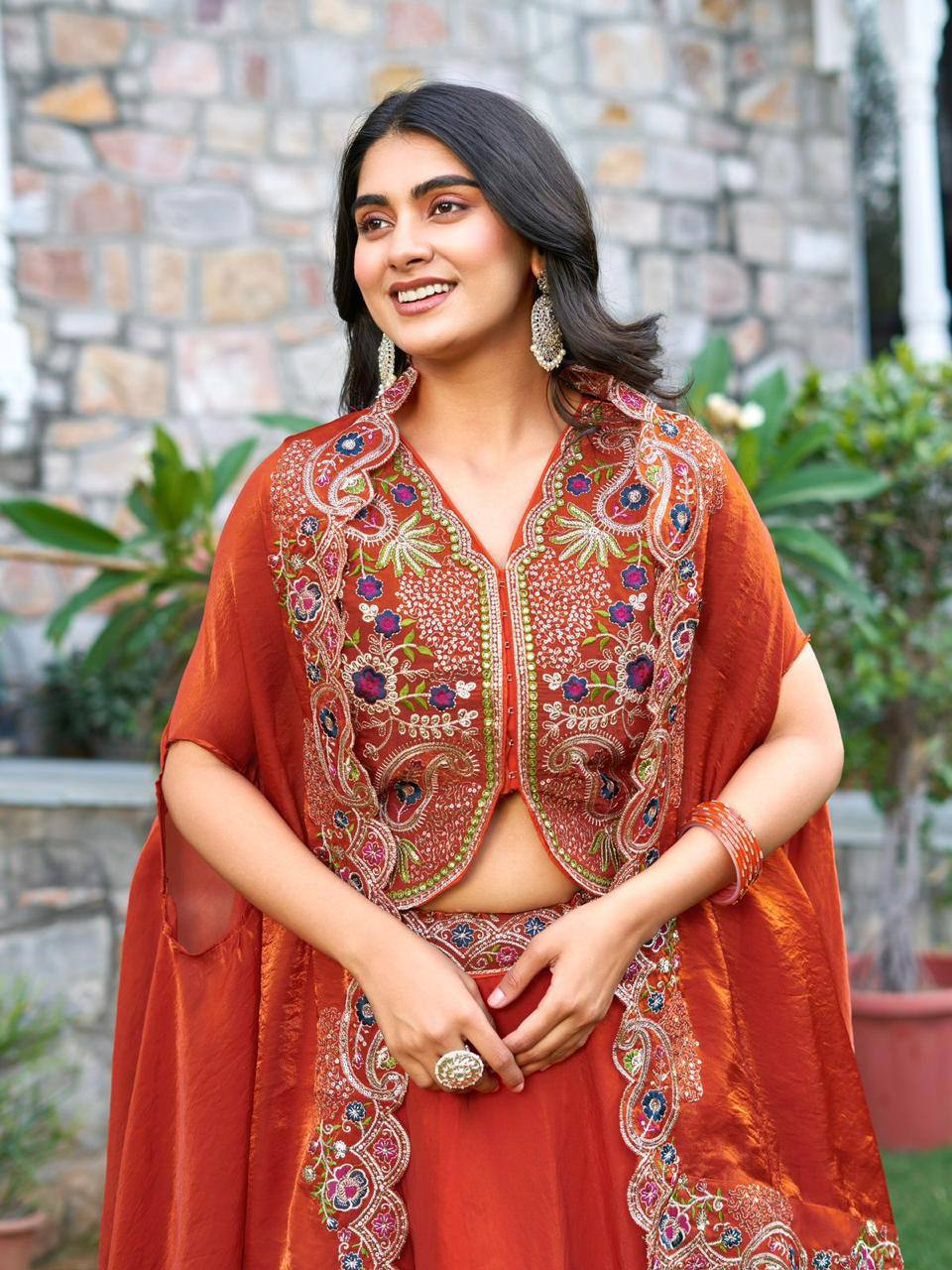 Premium Fendy Silk Lehenga‑Choli‑Dupatta Set with a 9‑meter flair lehenga and a shrug‑style dupatta
