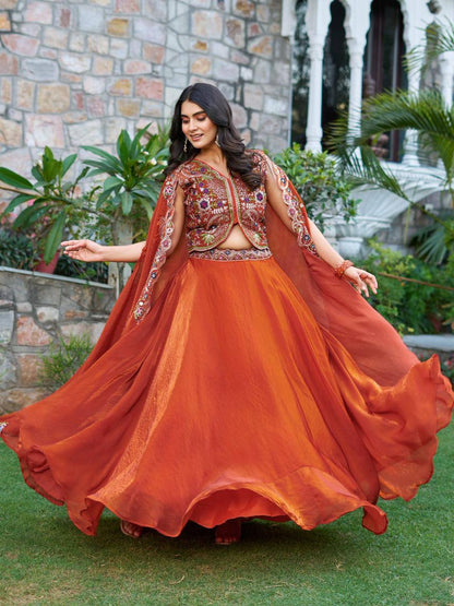 Premium Fendy Silk Lehenga‑Choli‑Dupatta Set with a 9‑meter flair lehenga and a shrug‑style dupatta