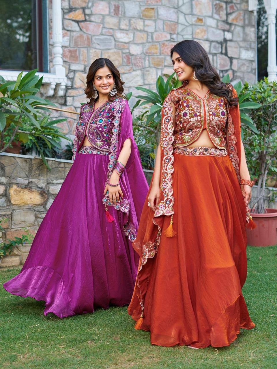 Premium Fendy Silk Lehenga‑Choli‑Dupatta Set with a 9‑meter flair lehenga and a shrug‑style dupatta