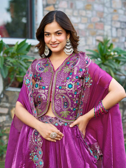 Premium Fendy Silk Lehenga‑Choli‑Dupatta Set with a 9‑meter flair lehenga and a shrug‑style dupatta