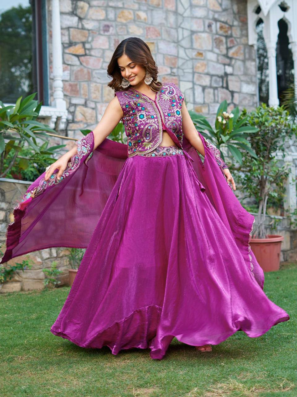 Premium Fendy Silk Lehenga‑Choli‑Dupatta Set with a 9‑meter flair lehenga and a shrug‑style dupatta