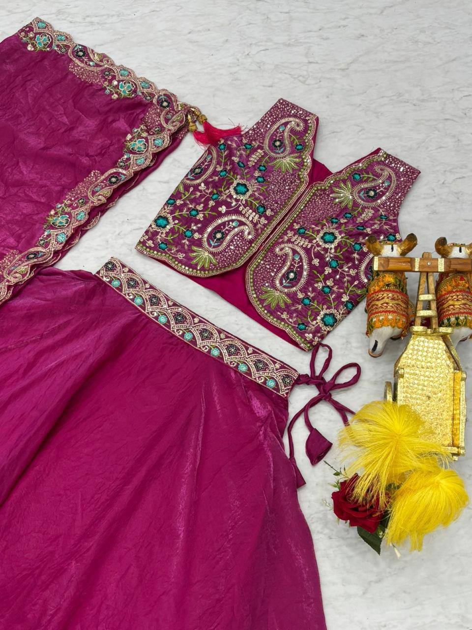 Premium Fendy Silk Lehenga‑Choli‑Dupatta Set with a 9‑meter flair lehenga and a shrug‑style dupatta