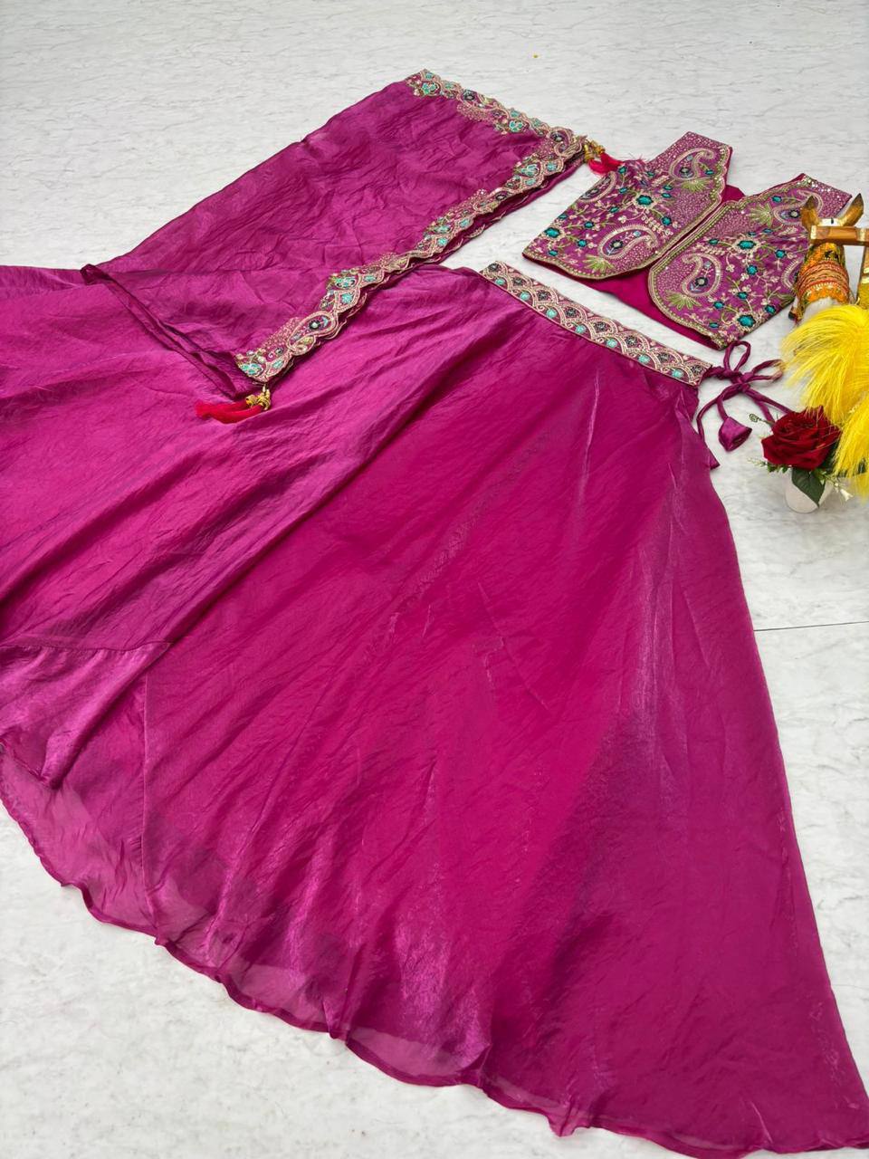 Premium Fendy Silk Lehenga‑Choli‑Dupatta Set with a 9‑meter flair lehenga and a shrug‑style dupatta