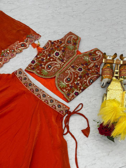 Premium Fendy Silk Lehenga‑Choli‑Dupatta Set with a 9‑meter flair lehenga and a shrug‑style dupatta