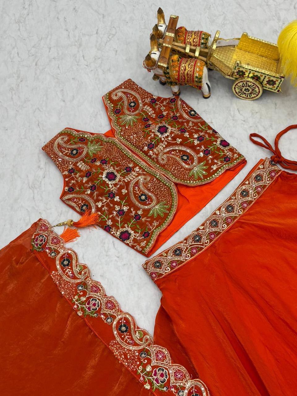 Premium Fendy Silk Lehenga‑Choli‑Dupatta Set with a 9‑meter flair lehenga and a shrug‑style dupatta