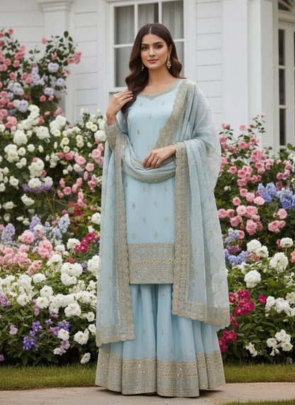 Premium GMY Silk Party Wear Set – Heavy Embroidery & Sequins Top, Palazzo & Dupatta