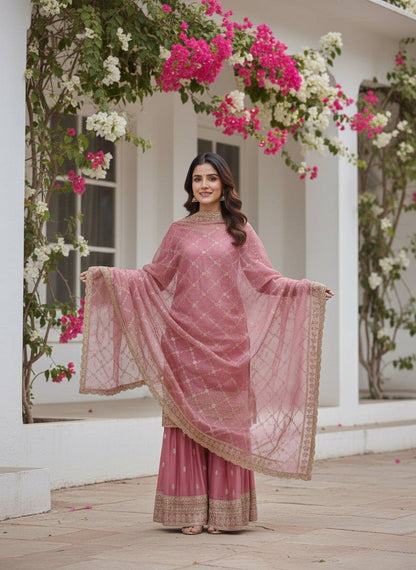 Premium GMY Silk Party Wear Set – Heavy Embroidery & Sequins Top, Palazzo & Dupatta