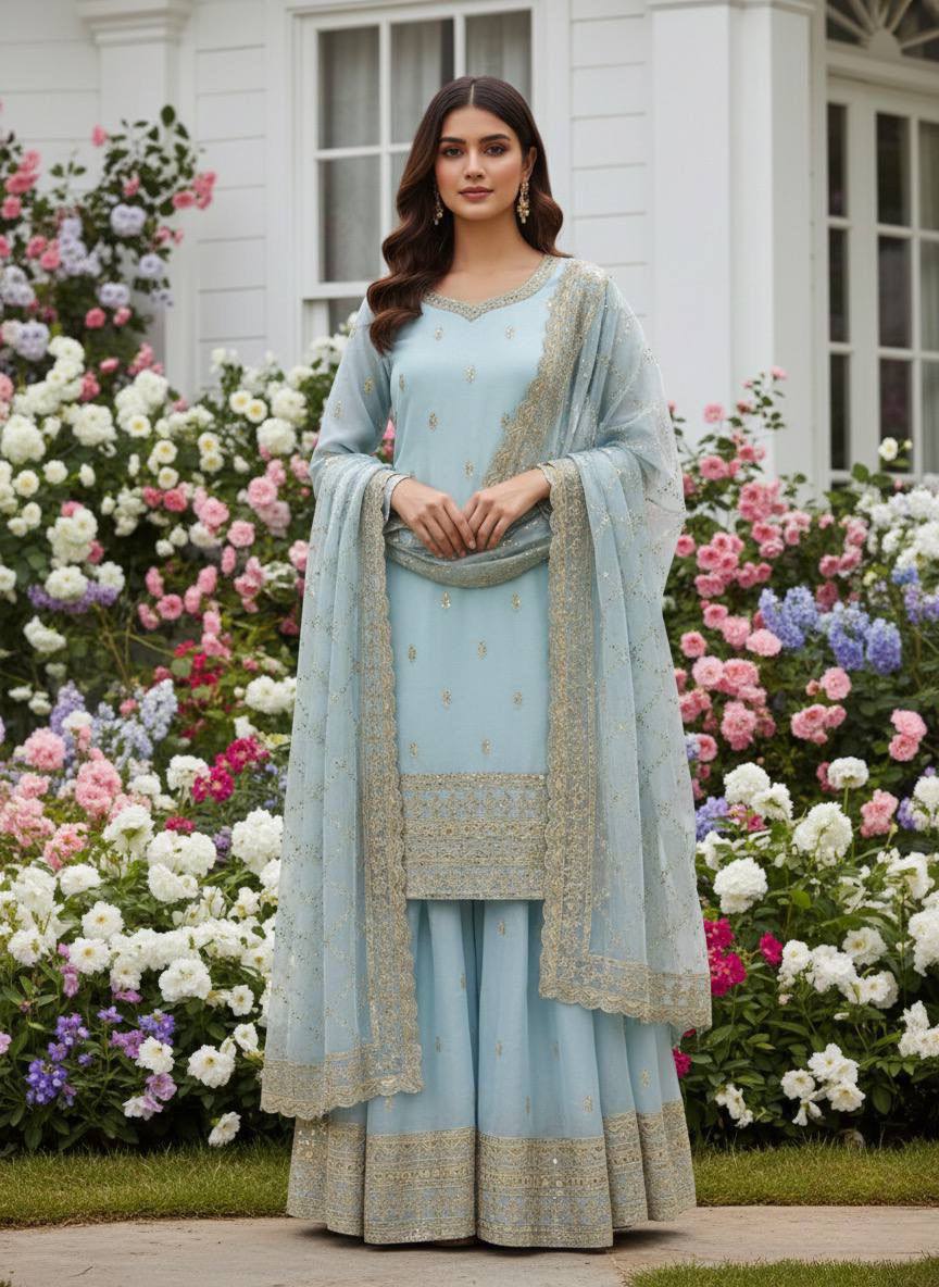 Premium GMY Silk Party Wear Set – Heavy Embroidery & Sequins Top, Palazzo & Dupatta