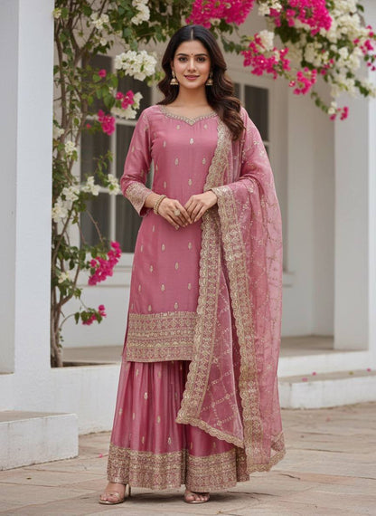 Premium GMY Silk Party Wear Set – Heavy Embroidery & Sequins Top, Palazzo & Dupatta