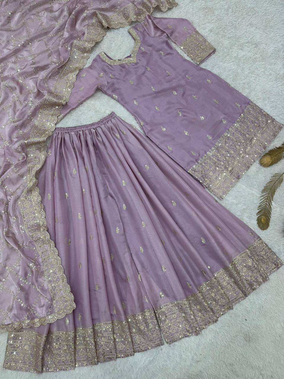 Premium GMY Silk Party Wear Set – Heavy Embroidery & Sequins Top, Palazzo & Dupatta