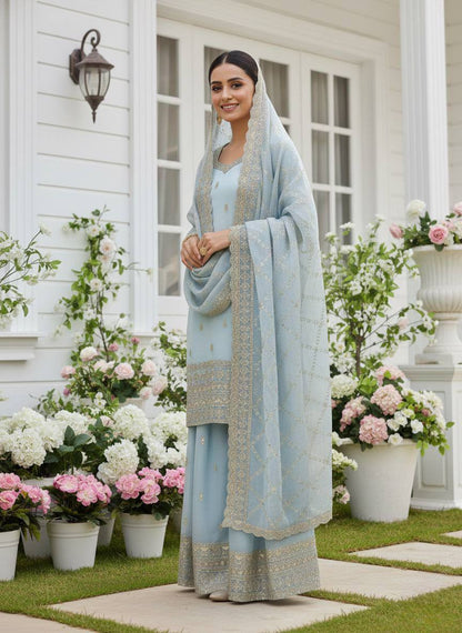 Premium GMY Silk Party Wear Set – Heavy Embroidery & Sequins Top, Palazzo & Dupatta