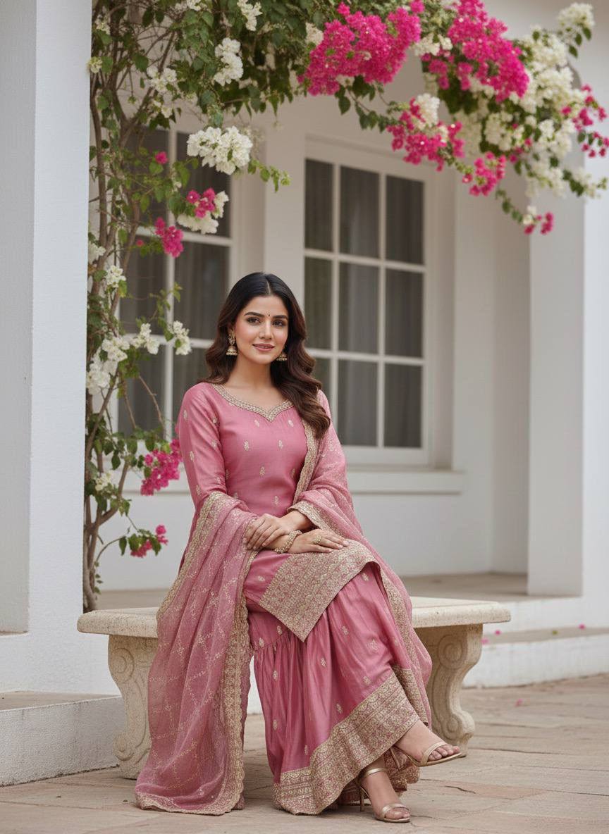 Premium GMY Silk Party Wear Set – Heavy Embroidery & Sequins Top, Palazzo & Dupatta