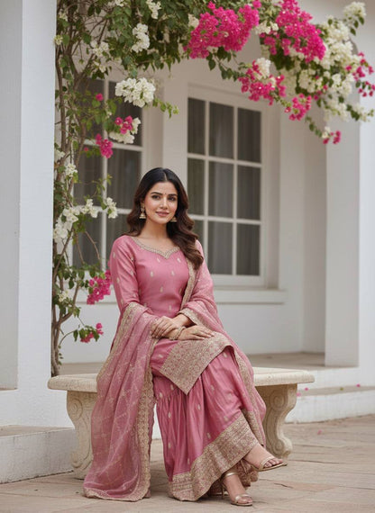 Premium GMY Silk Party Wear Set – Heavy Embroidery & Sequins Top, Palazzo & Dupatta