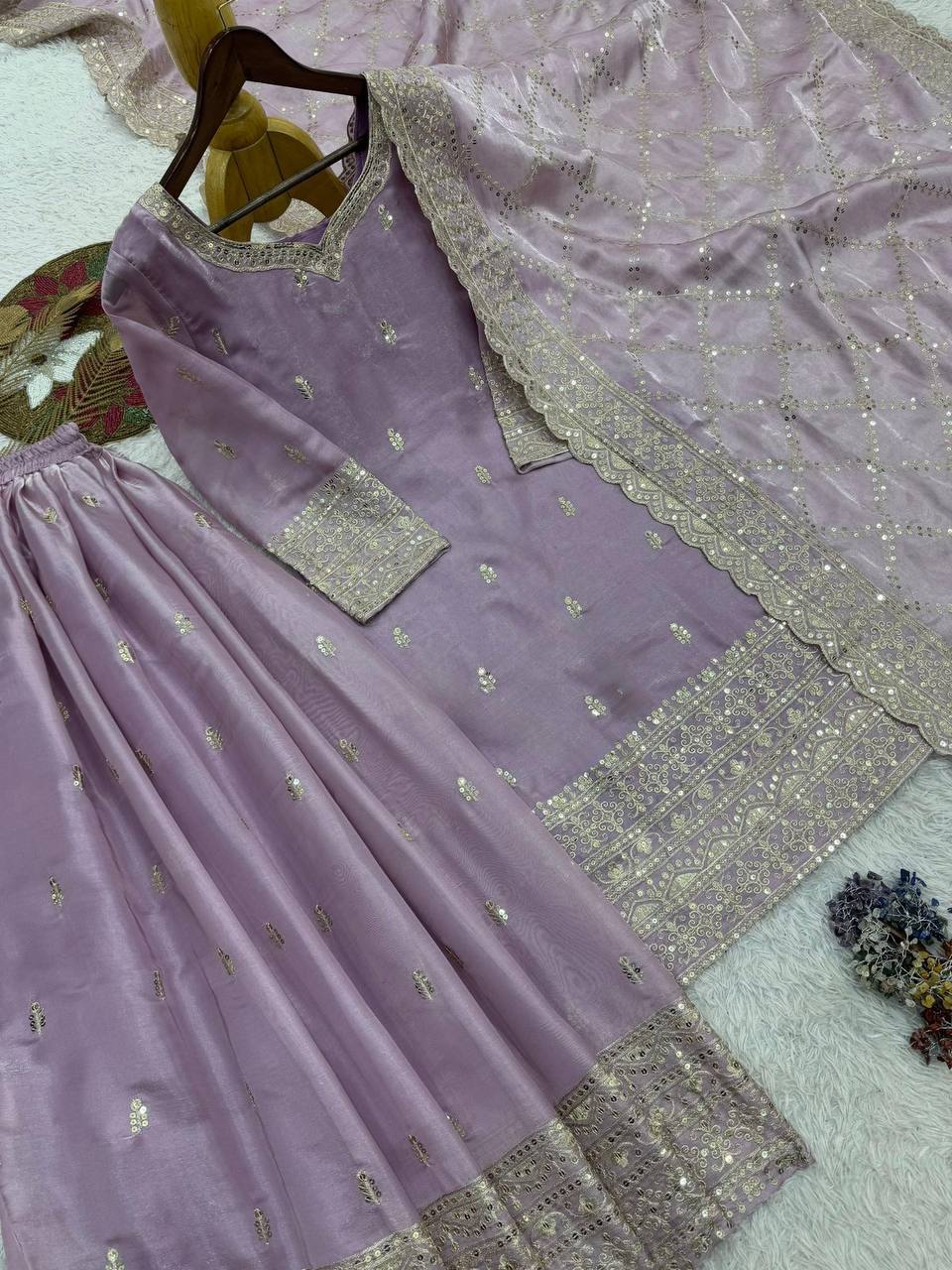 Premium GMY Silk Party Wear Set – Heavy Embroidery & Sequins Top, Palazzo & Dupatta