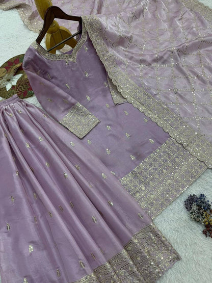 Premium GMY Silk Party Wear Set – Heavy Embroidery & Sequins Top, Palazzo & Dupatta