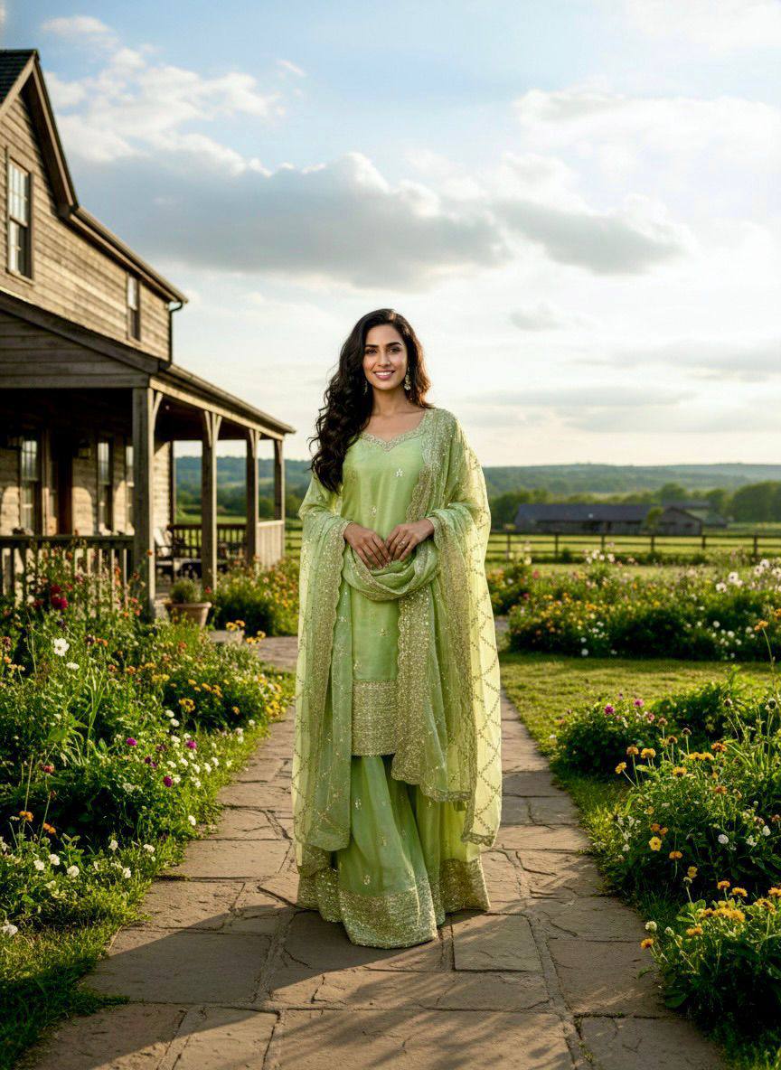 Premium GMY Silk Party Wear Set – Heavy Embroidery & Sequins Top, Palazzo & Dupatta