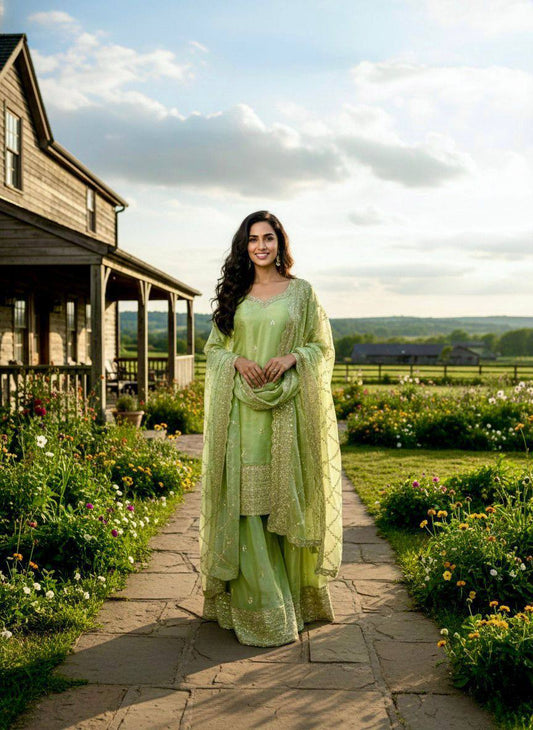 Premium GMY Silk Party Wear Set – Heavy Embroidery & Sequins Top, Palazzo & Dupatta