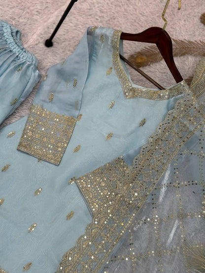 Premium GMY Silk Party Wear Set – Heavy Embroidery & Sequins Top, Palazzo & Dupatta