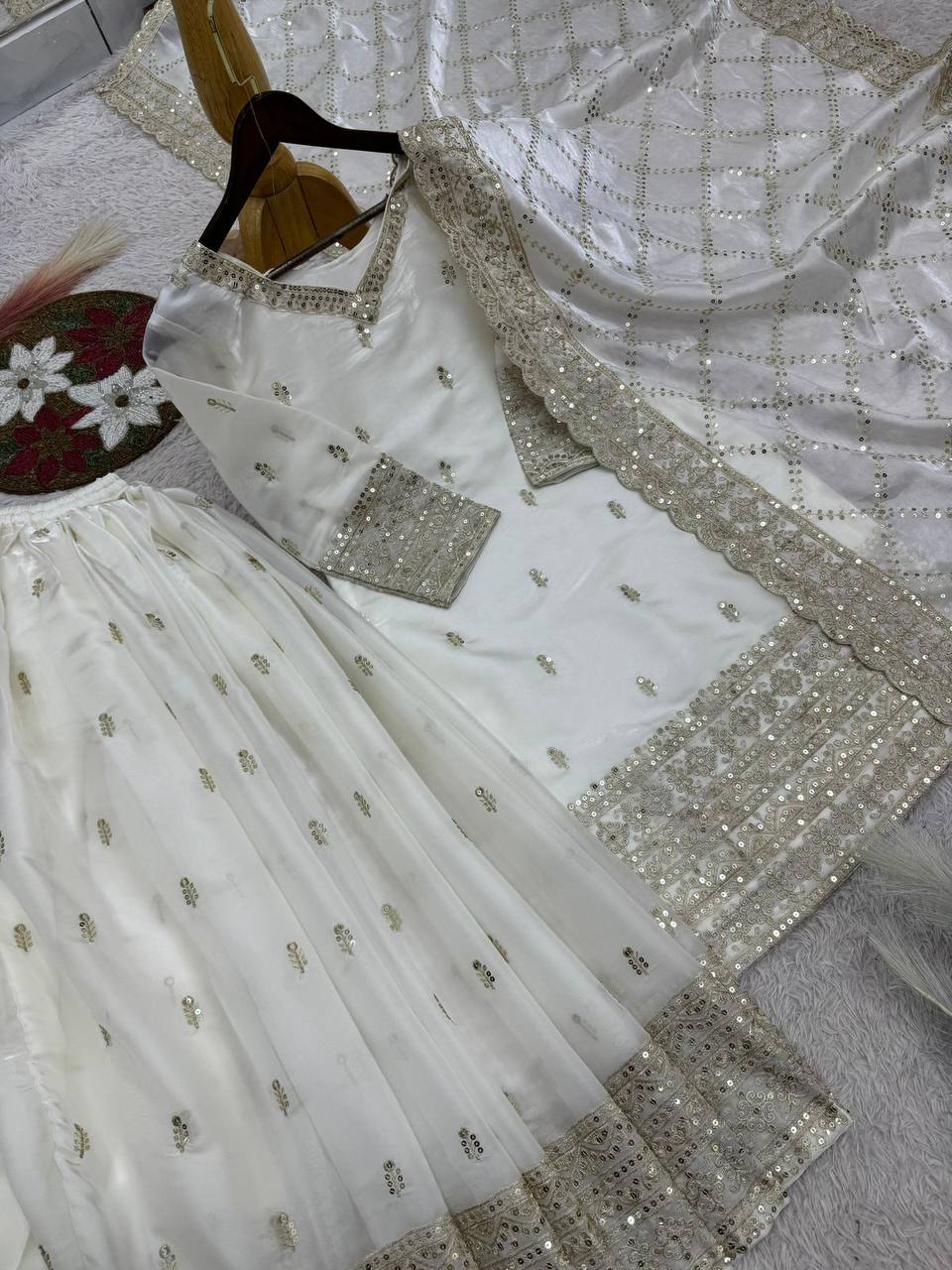 Premium GMY Silk Party Wear Set – Heavy Embroidery & Sequins Top, Palazzo & Dupatta