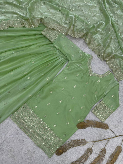 Premium GMY Silk Party Wear Set – Heavy Embroidery & Sequins Top, Palazzo & Dupatta
