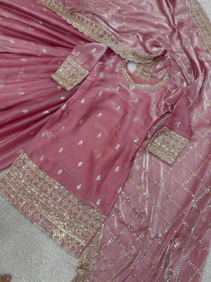 Premium GMY Silk Party Wear Set – Heavy Embroidery & Sequins Top, Palazzo & Dupatta