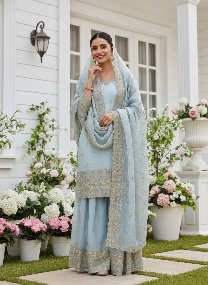 Premium GMY Silk Party Wear Set – Heavy Embroidery & Sequins Top, Palazzo & Dupatta