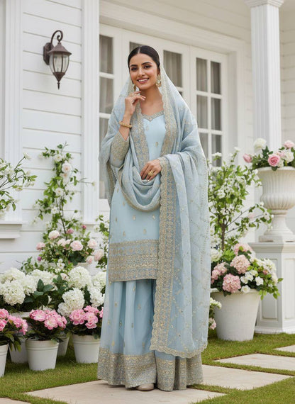 Premium GMY Silk Party Wear Set – Heavy Embroidery & Sequins Top, Palazzo & Dupatta
