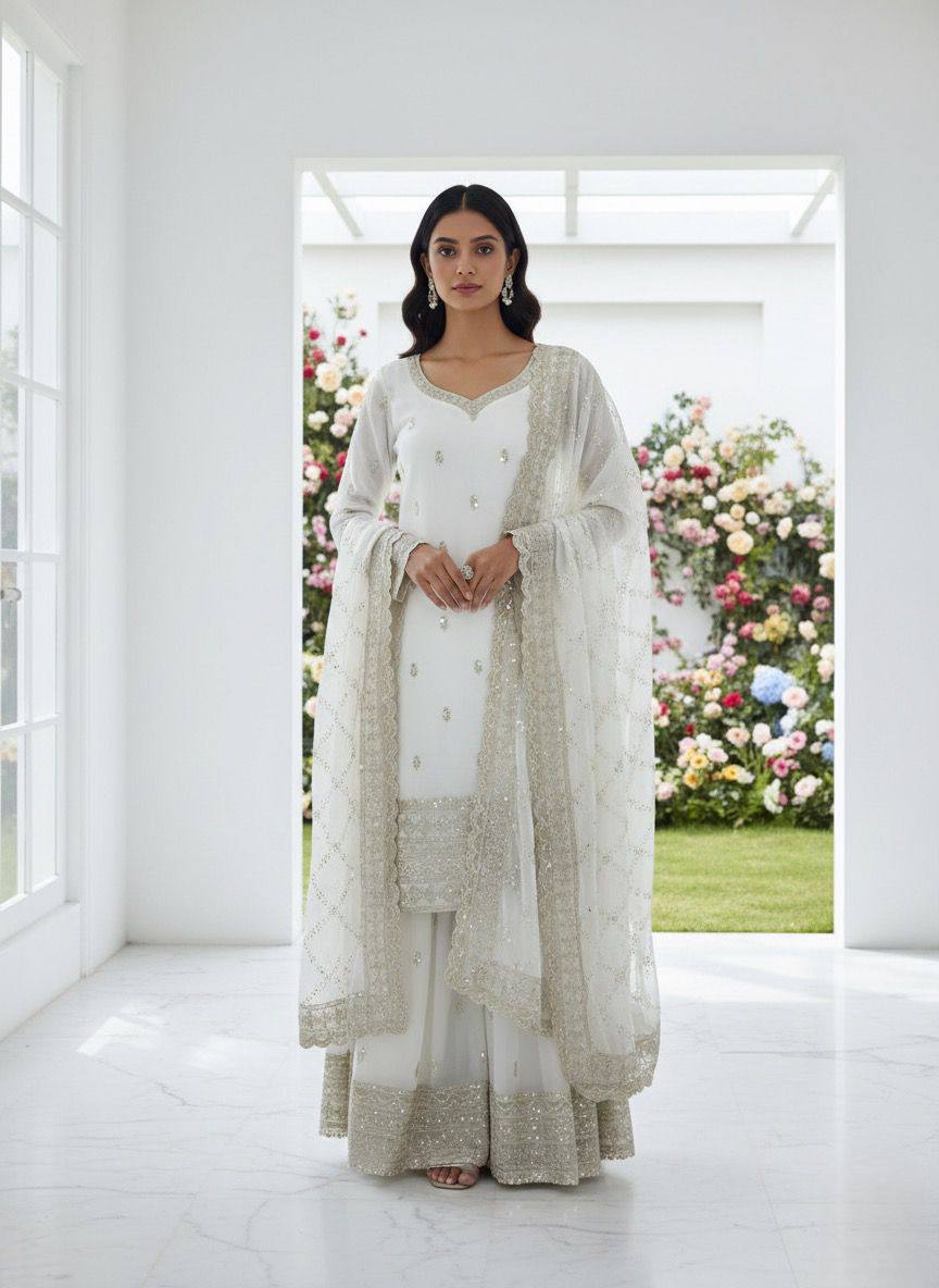 Premium GMY Silk Party Wear Set – Heavy Embroidery & Sequins Top, Palazzo & Dupatta