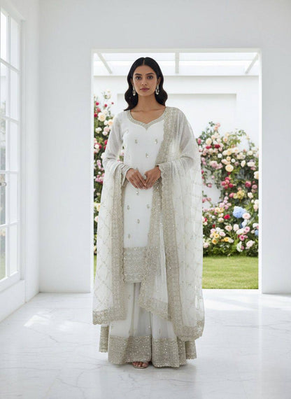Premium GMY Silk Party Wear Set – Heavy Embroidery & Sequins Top, Palazzo & Dupatta