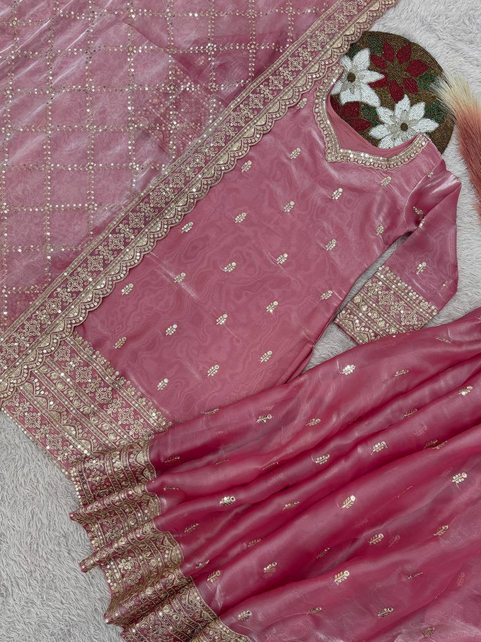 Premium GMY Silk Party Wear Set – Heavy Embroidery & Sequins Top, Palazzo & Dupatta