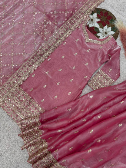Premium GMY Silk Party Wear Set – Heavy Embroidery & Sequins Top, Palazzo & Dupatta