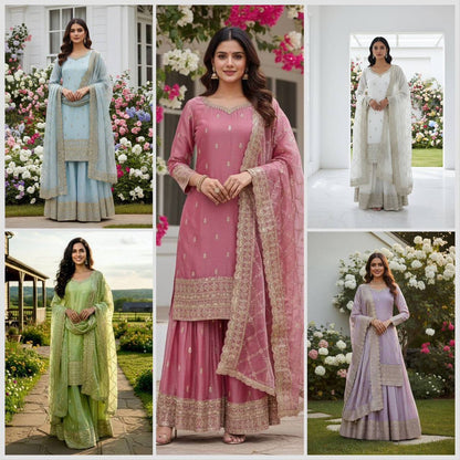 Premium GMY Silk Party Wear Set – Heavy Embroidery & Sequins Top, Palazzo & Dupatta