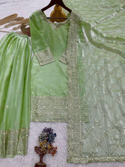Premium GMY Silk Party Wear Set – Heavy Embroidery & Sequins Top, Palazzo & Dupatta