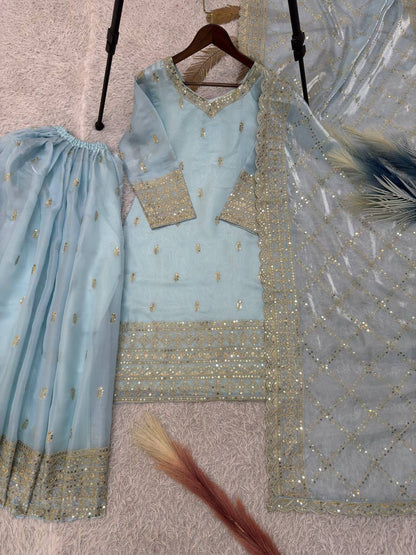 Premium GMY Silk Party Wear Set – Heavy Embroidery & Sequins Top, Palazzo & Dupatta