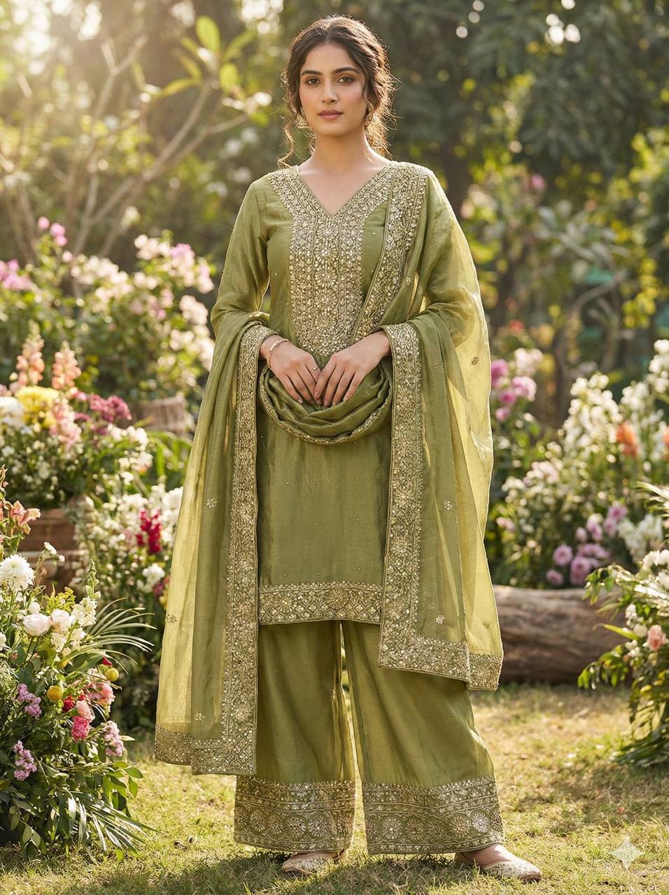 Premium Fendy Silk Eid Collection – Heavy Embroidery & Sequins Top, Palazzo & Dupatta