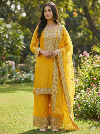 Premium Fendy Silk Eid Collection – Heavy Embroidery & Sequins Top, Palazzo & Dupatta