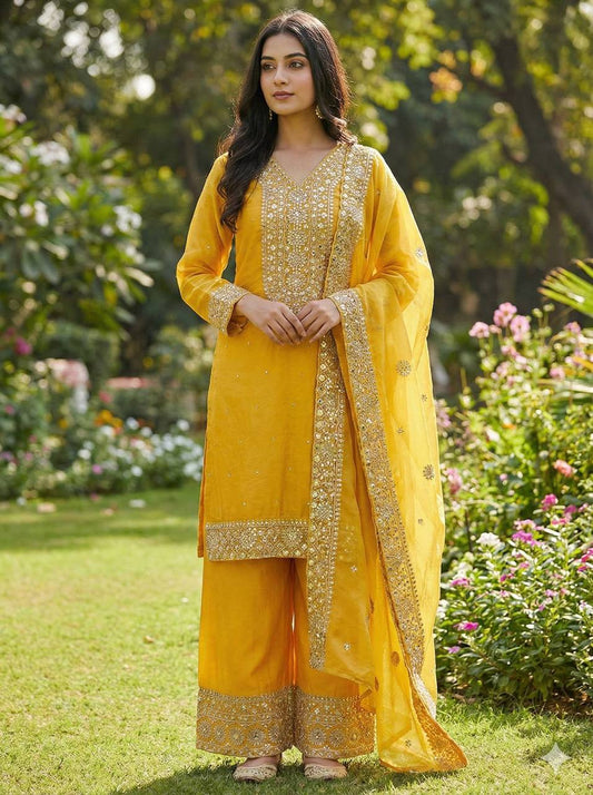 Premium Fendy Silk Eid Collection – Heavy Embroidery & Sequins Top, Palazzo & Dupatta