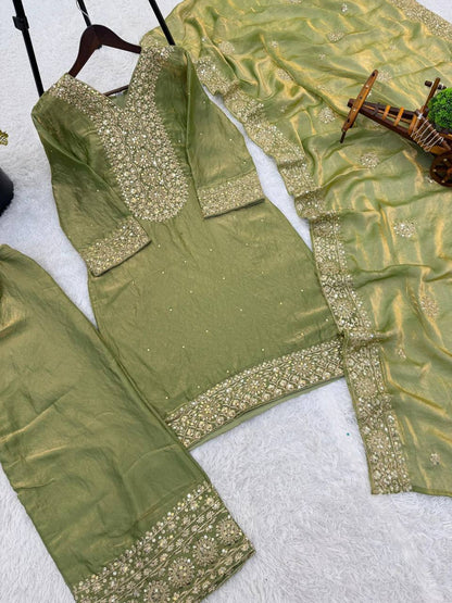 Premium Fendy Silk Eid Collection – Heavy Embroidery & Sequins Top, Palazzo & Dupatta