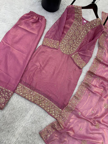 Premium Fendy Silk Eid Collection – Heavy Embroidery & Sequins Top, Palazzo & Dupatta
