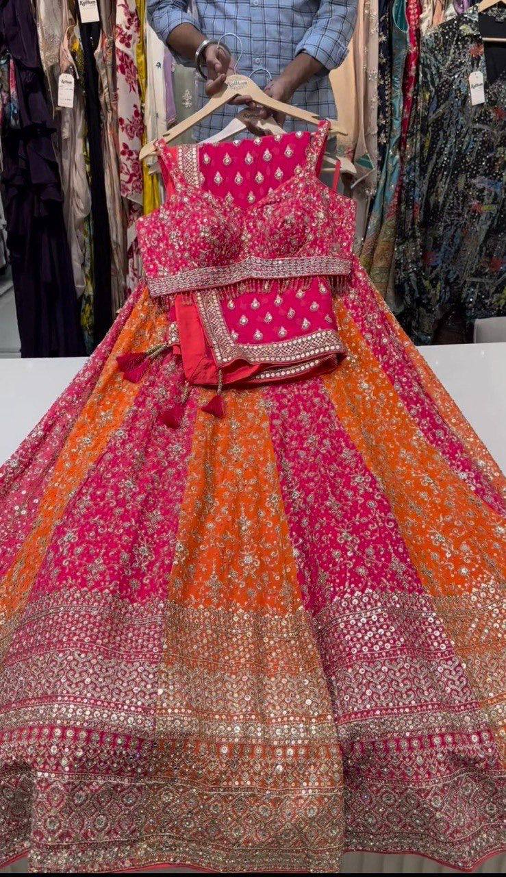 Premium Faux Georgette Bridal Lehenga – Sequins Embroidery with Mirror Work
