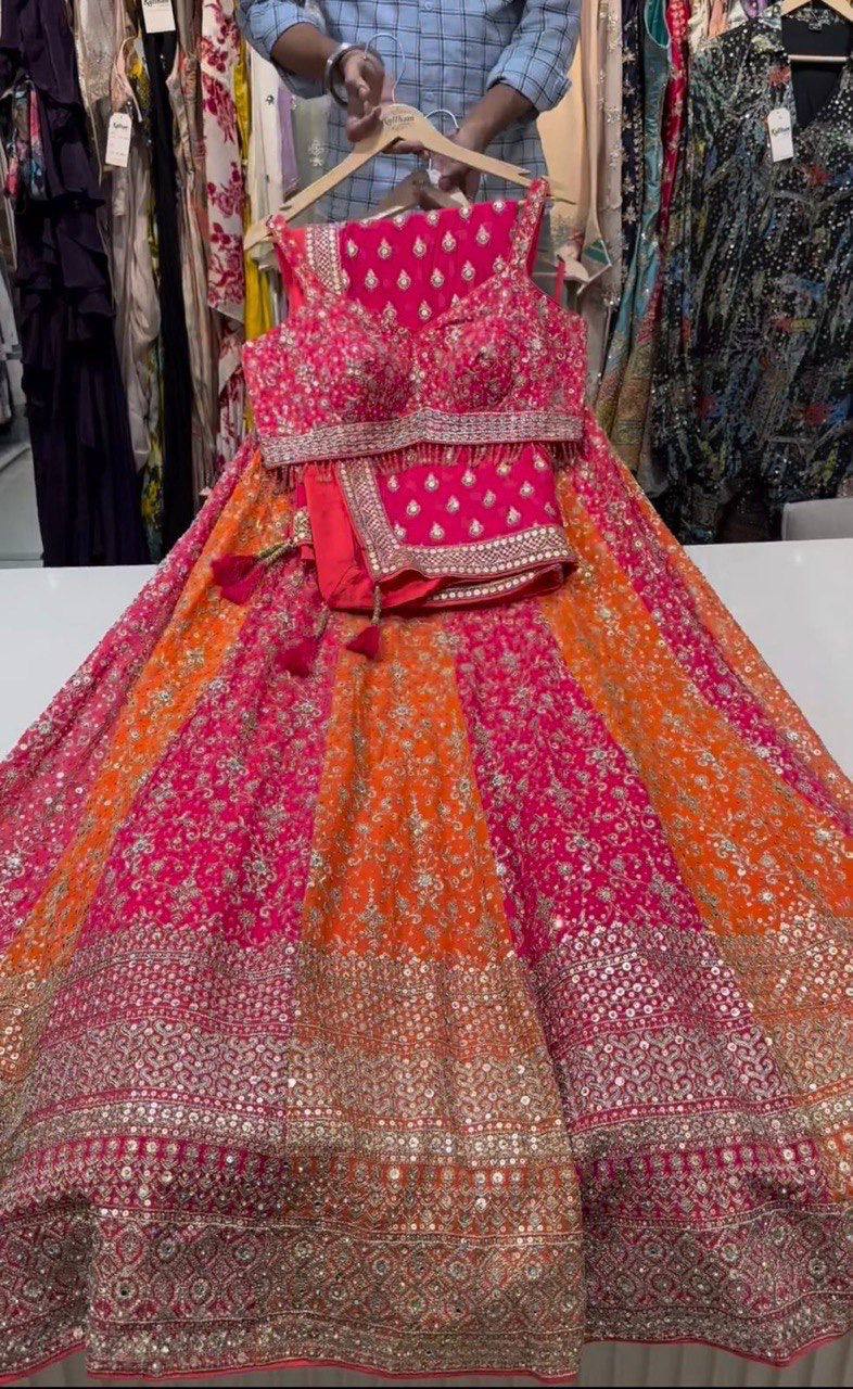 Premium Faux Georgette Bridal Lehenga – Sequins Embroidery with Mirror Work