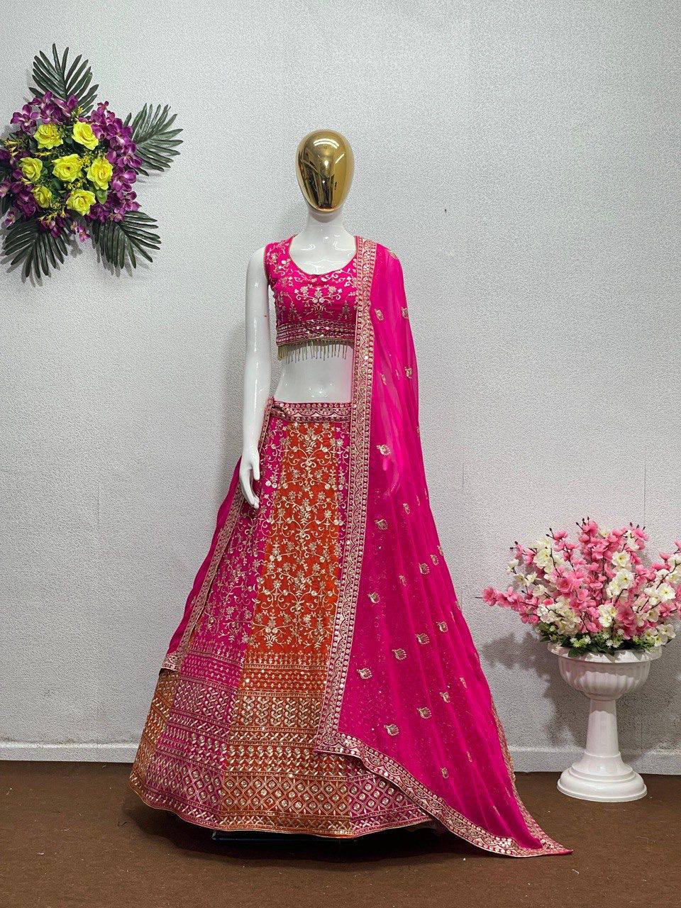 Premium Faux Georgette Bridal Lehenga – Sequins Embroidery with Mirror Work