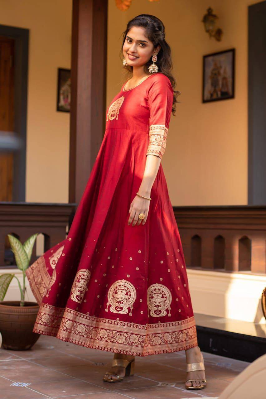 Exclusive Joy Silk Gown – Embroidery & Foil Print Traditional Wear