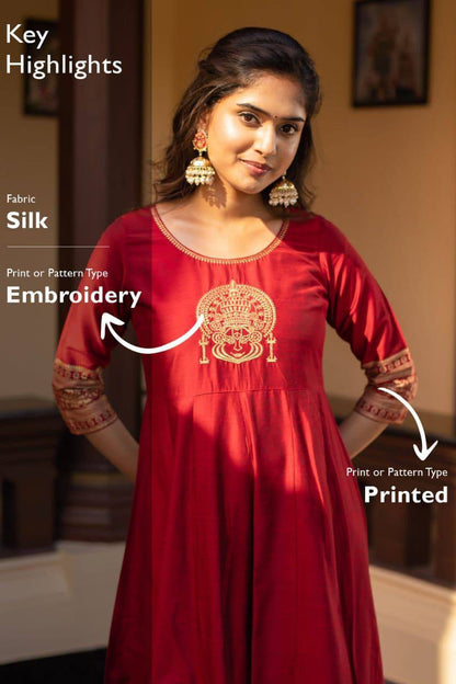 Exclusive Joy Silk Gown – Embroidery & Foil Print Traditional Wear