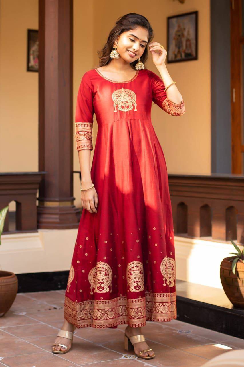 Exclusive Joy Silk Gown – Embroidery & Foil Print Traditional Wear